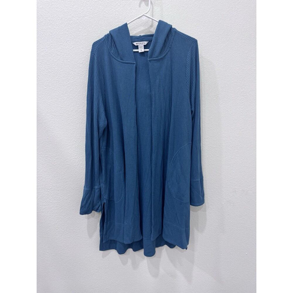 Athleta Harmony Pose Wrap XL Rib Knit Cardigan Sweater Hooded Long Teal Green